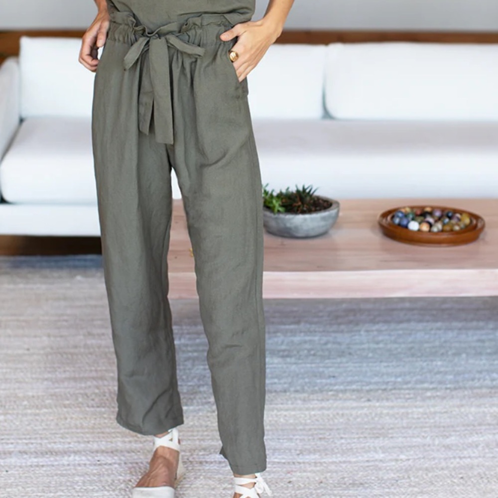 Emerson Fry Army Green High Rise linen Blend Paperbag Pants - Picture 13 of 16